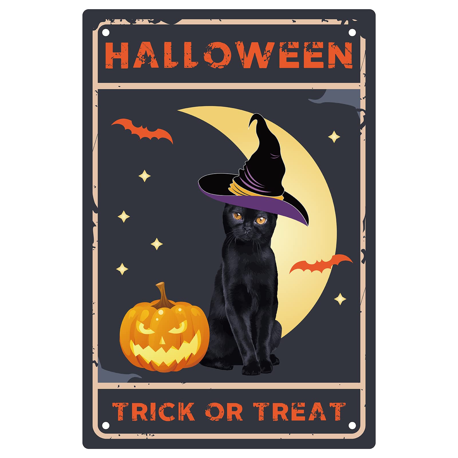 CREATCABIN Halloween Metal Tin Sign Halloween Trick or Treat Retro Vintage Black Cat Sign Pumpkin for Yard Party House Home Business Nostalgic Decor 12 X 8 Inch