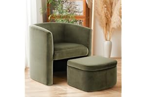 COLAMY Upholstered Velvet Barrel Accent Chair with Storage Ottoman, Morden Living Room Side Chair, Single Sofa Armchair with Lounge Seat for Bedroom/Office/Reading Spaces, Green