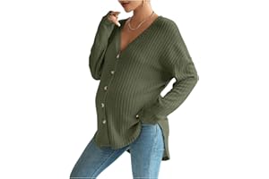 COZYEASE Women's Maternity Ribbed Knit Button Down Tee Shirt Drop Shoulder V Neck Sweater Top