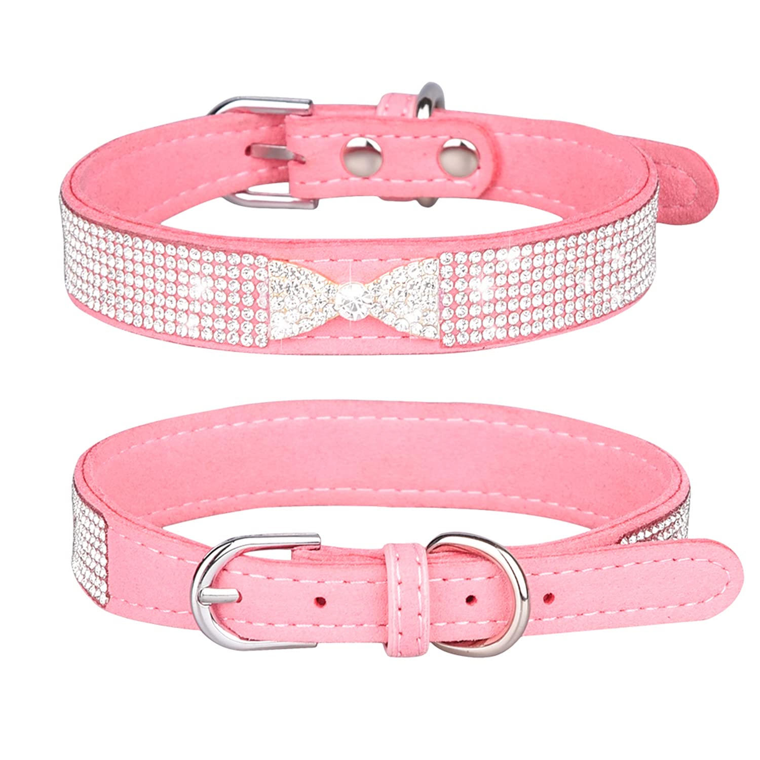 Haoyueer Rhinestone Dog Collar, Cute Dazzling Sparkling Soft Suede Leather Dog Cat Rhinestone Collar Crystal Diamond Pet Dog Puppy Collar (S, Pink-3)