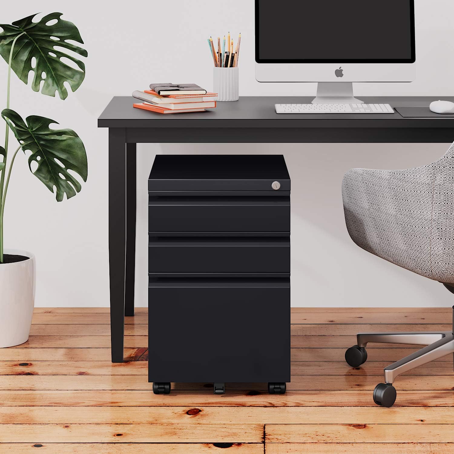 DEVAISE 3 Drawer Mobile File Cabinet with Lock, Under Desk Metal Filing Cabinet for Legal/Letter/A4 File, Fully Assembled Except Wheels, Black : Office Products