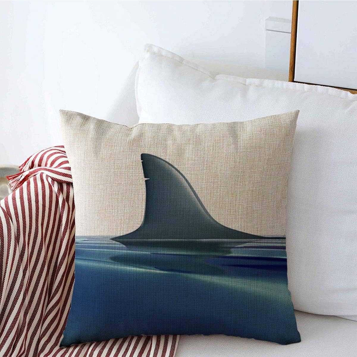Decorative Throw Pillow Cover Dorsal Blue Beach Risk Shark Fin Above Future Water Clip Predator Sea Aggressive Wild Linen Pillowcase Square Size 16" x 16" Cushion Case