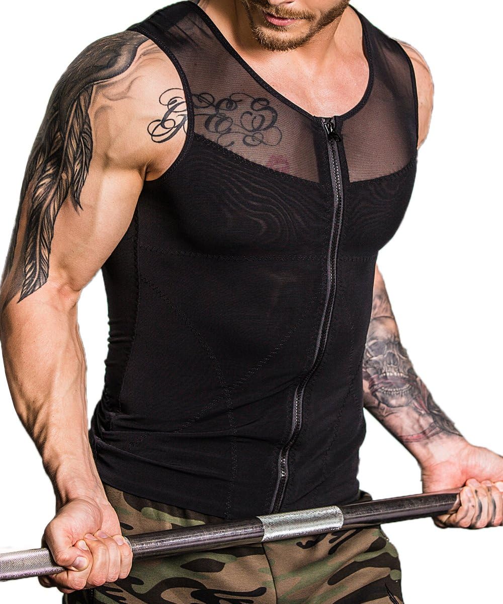 NOVECASA Men Compression Zipper Shirt Vest to Hide Gynecomastia Moobs Chest Slimming Body Shaper Flatten Whole Abdomen