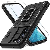 DEERLAMN Case for Samsung Galaxy S23+ Plus with Slide Camera Cover+Screen Protector(1 Pack),Rotated Ring Kickstand Military Grade Shockproof Protective Cover-Black