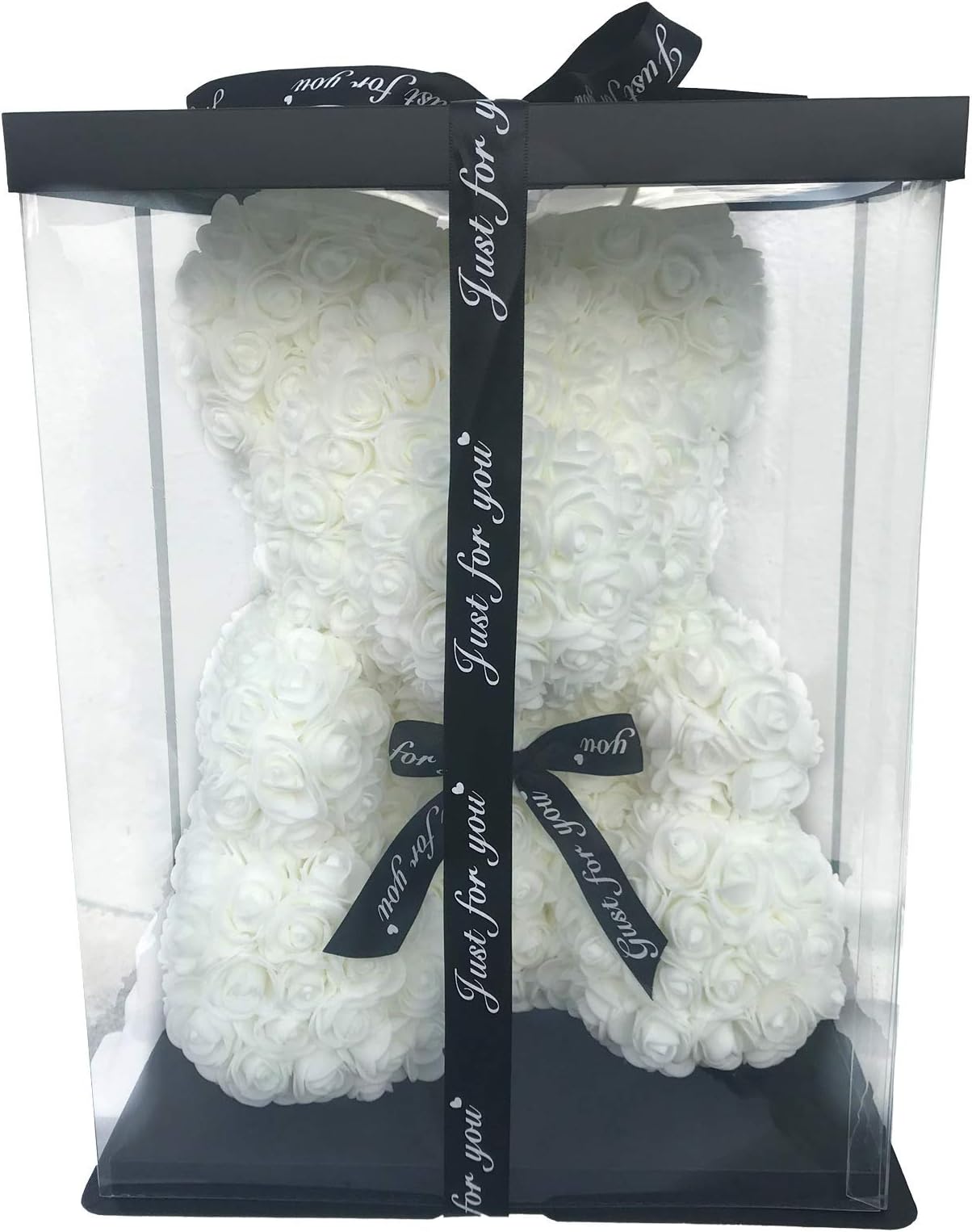 Fancy Supplies 16" Teddy Bear Forever Roses Artificial Rose Anniversary Christmas Valentines Gift Red Pink White Blue (16", One Bear + Acrylic Box) (White)