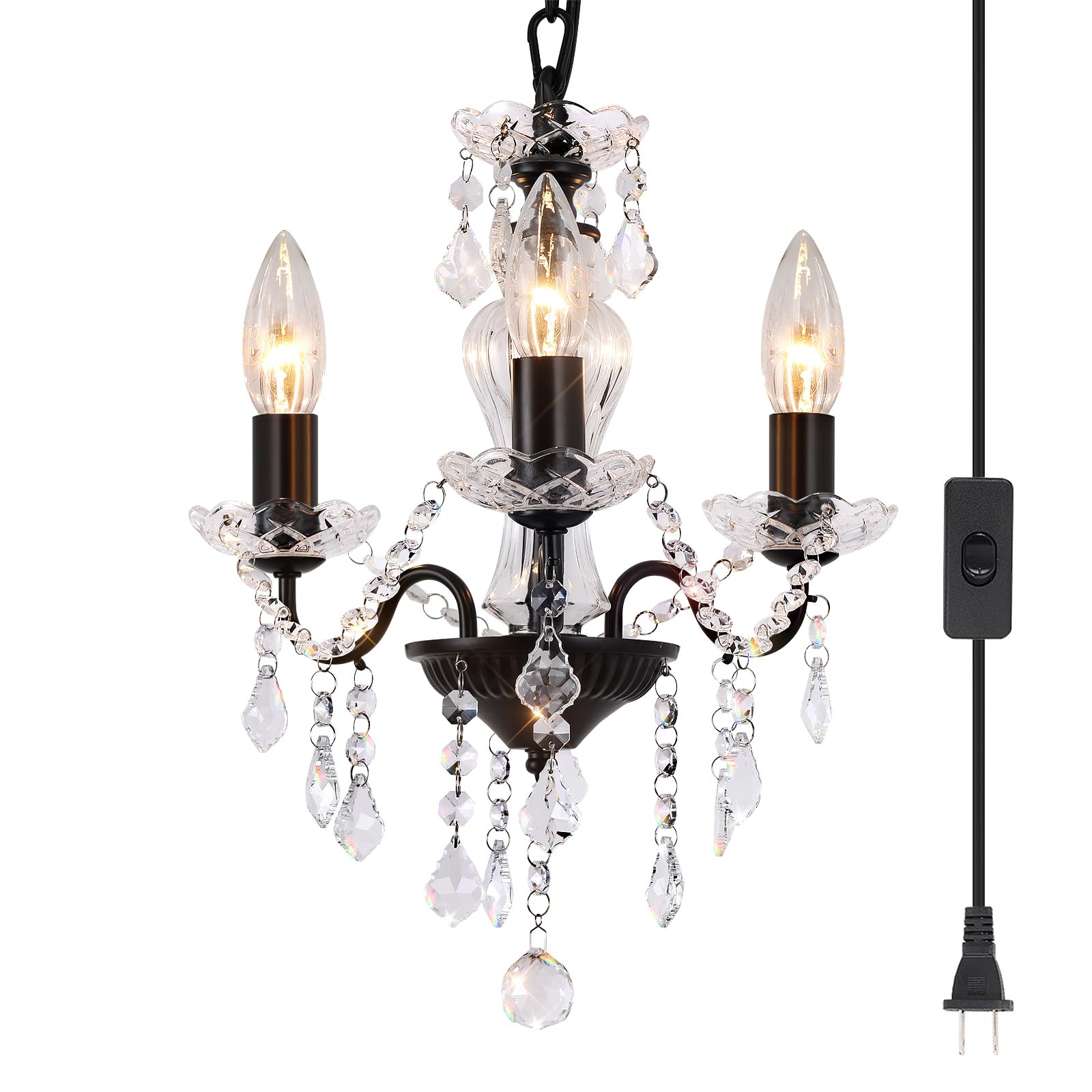 Photo 1 of Chanlited Plug in Modern 3-Light Black Chandelier with Glass Crystals, Candle Style Pendant Light Fixtures for Living Room, Girls Room, Kitchen Island, Entryway