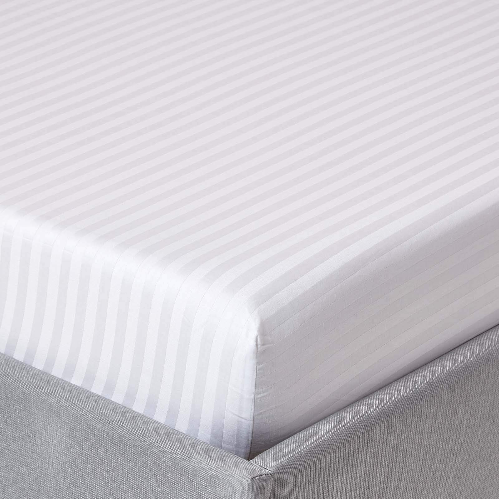 HOMESCAPES White Deep Fitted Sheet (12”) Single 330 TC 500 Thread Count Equivalent Satin Stripe Pure Egyptian Cotton Bed Sheet with Fully Elasticated Skirt — image 1