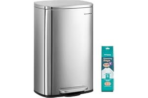SONGMICS 13 Gallon (50 L) Trash Can, Stainless Steel Kitchen Garbage Can, Recycling or Waste Bin, Soft Close, Step-On Pedal, Removable Inner Bucket, Silver ULTB050E01