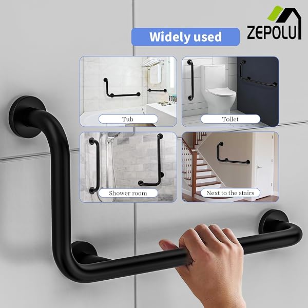 BLACK L-SHAPED GRAB BAR 12X24 INCH + KNURLED SHOWER GRAB RAIL 20 INCH, ZEPOLU STAINLESS STEEL TOILET SAFETY BAR 90 DEGREE, ANGLED BALANCE SUPPORT ASSIST BAR FOR ELDERLY, BATHROOM MOBILITY AID HANDRAIL
