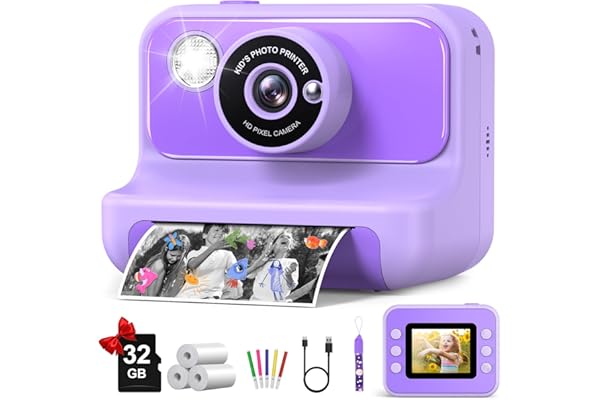 Kids Camera Instant Print, Christmas Birthday Gifts for Girls and Boys | 1080P HD Video Digital Kids Camera with 32G Card, Toddler Camera for 3-12 Years Old, Purple