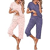 Marvmys Womens 2 Pack Pajama Sets Short Sleeve Pajamas Tops and Capri Pants Pjs Print Lounge Sets with Pockets S-3XL