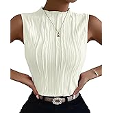 Poetsky Womens Summer Textured Tank Tops Sleeveless Mock Neck Tank Slim Fit Shirt Blouse