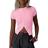 Imily Bela Womens Short Sleeve Sweater Tops Summer Button Down Casual Ribbed Knit Slim Fit Cropped Cardigan Shirts