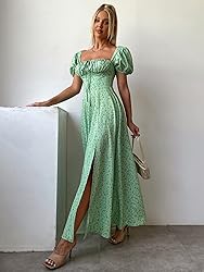 Women's Summer Puff Sleeve Floral Split Maxi Dress