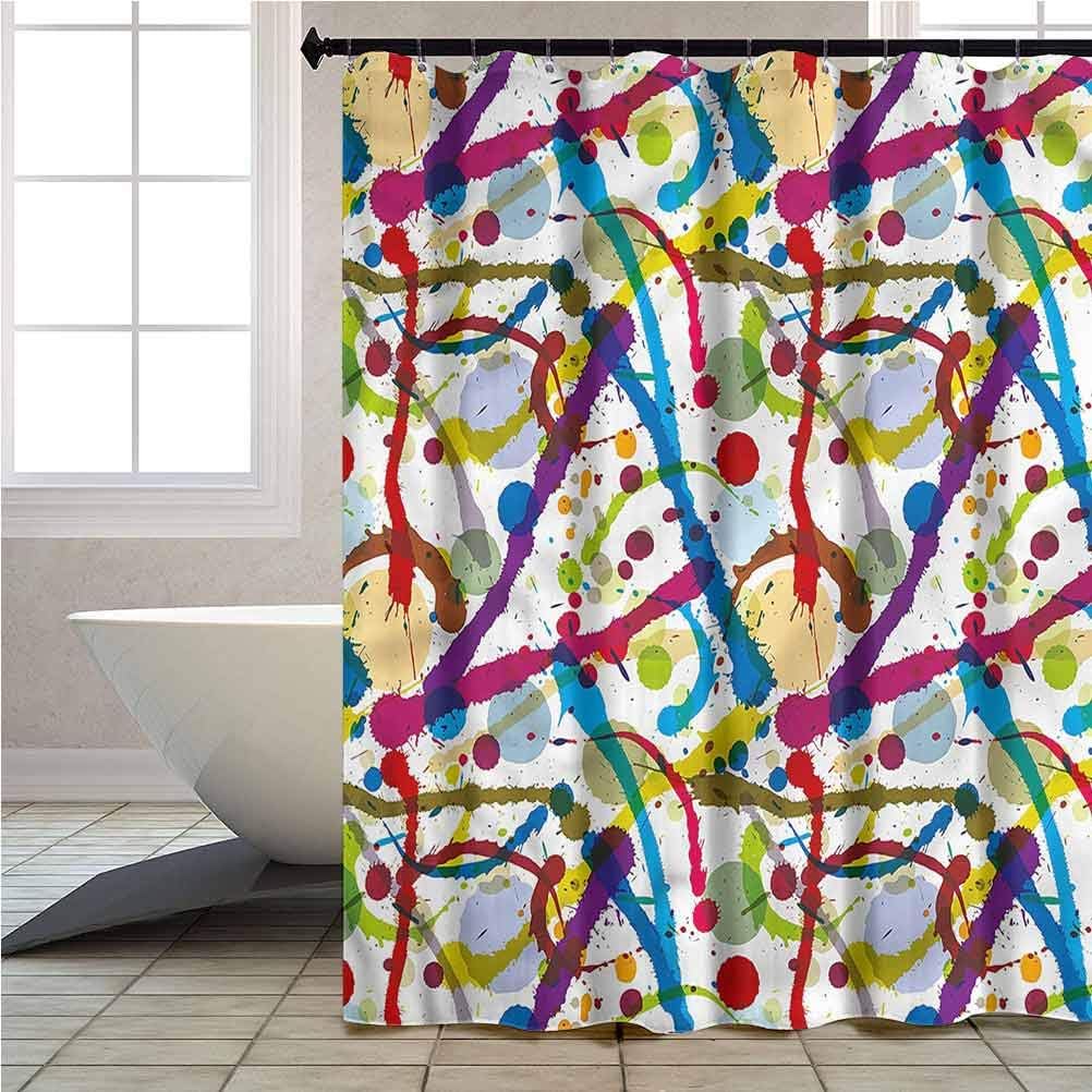 Fabric Shower Curtain Grunge Artistic Colorful Splash Cloth Bath Curtain with 12 Hooks 96 Inches