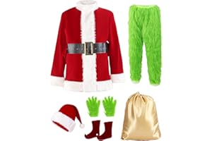 Buheco Christmas Costume for Men 7PCS Deluxe Adult Santa Outfit Suit Furry Professional Xmas Halloween Monster Cosplay Adults