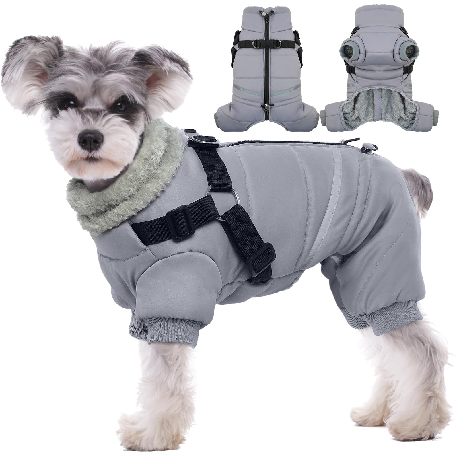 BRKURLEG Grey Dog Winter Coat, Cozy Winter Dog Jackets, Small Medium Dogs Coat with Harness, Onesie Body Warm Puppy Christmas Jacket, Pet Cold Weather Jackets, Puppy Four-Legged Puffer Coats, XXL Image