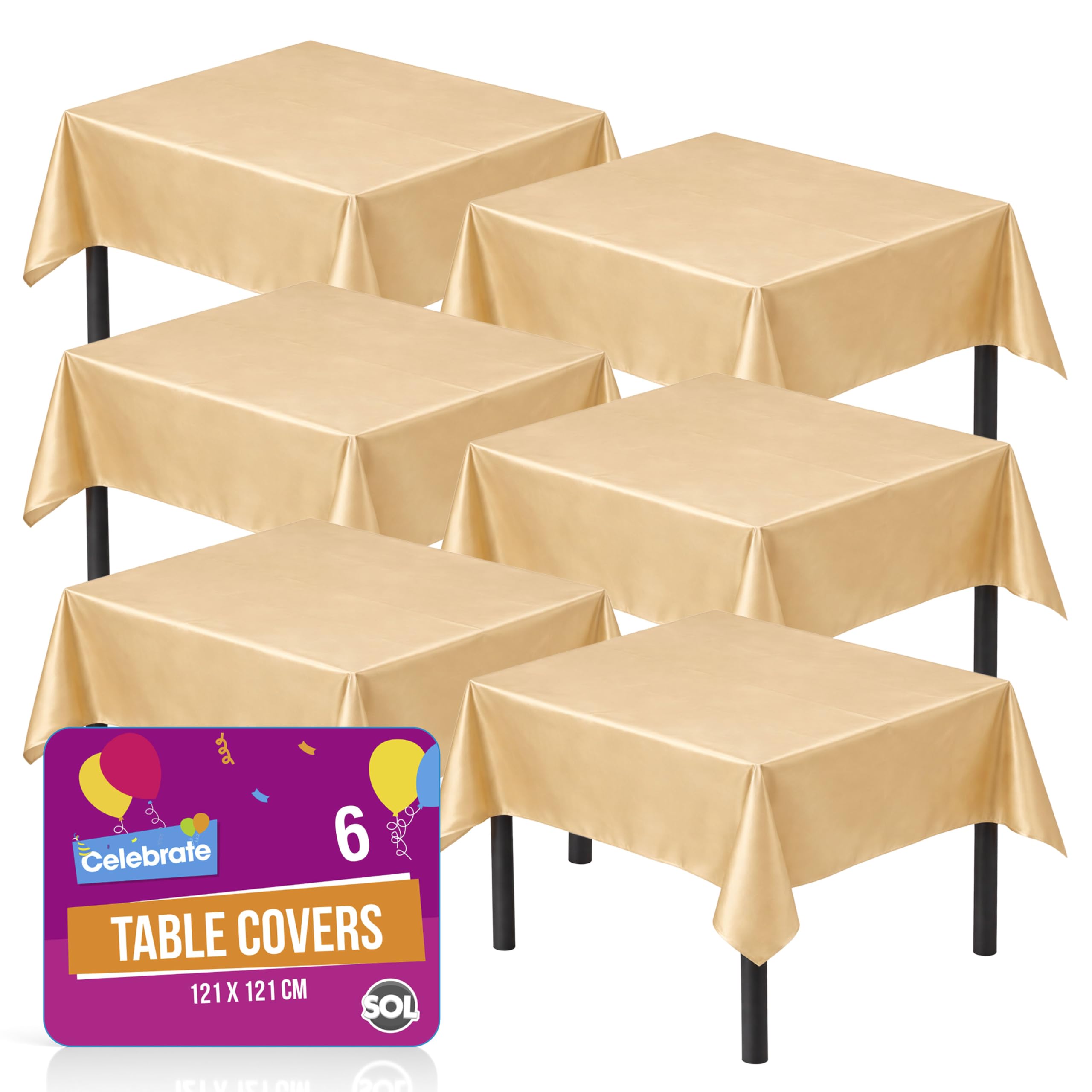 SOL 6pk Gold Table Cover 121x121cm Party Table Cloth Plastic Disposable Tablecloths for Parties - Elegant Durable Design - Perfect for Weddings, Birthdays, Buffets, Indoor & Outdoor Events