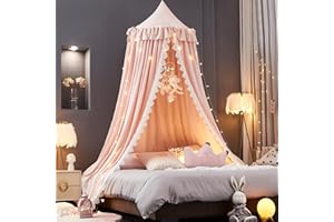 Kertnic Bed Canopy for Girls, Ruffled Soft Pink Princess Canopy Dreamy Bow Decor, Bed Canopies for Kids Room, Hanging Canopy Bedding Drapes Toddler Reading Nook Play Tent (Pink)
