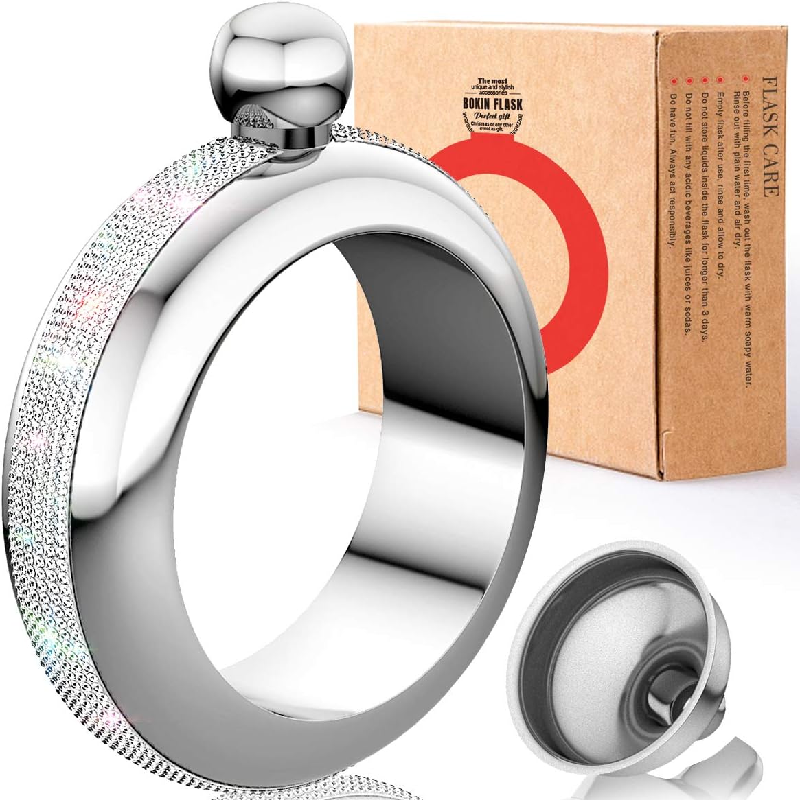 BOKIN Bracelet Bangle Flask for Liquor for Women 304 Stainless Steel with Handmade Crystal, Funnel in Gift Box for Women Girls Dance Birthday Party Club Bar, 3.5oz (Silver)