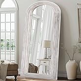 ZHUNFA Arched Full Length Mirror with Solid Wood Frame, 71x32 Farmhouse Wall Mirror Full Length with Stand, Vertical Hanging, Leaning Standing for Bedroom, Living Room, Rustic White