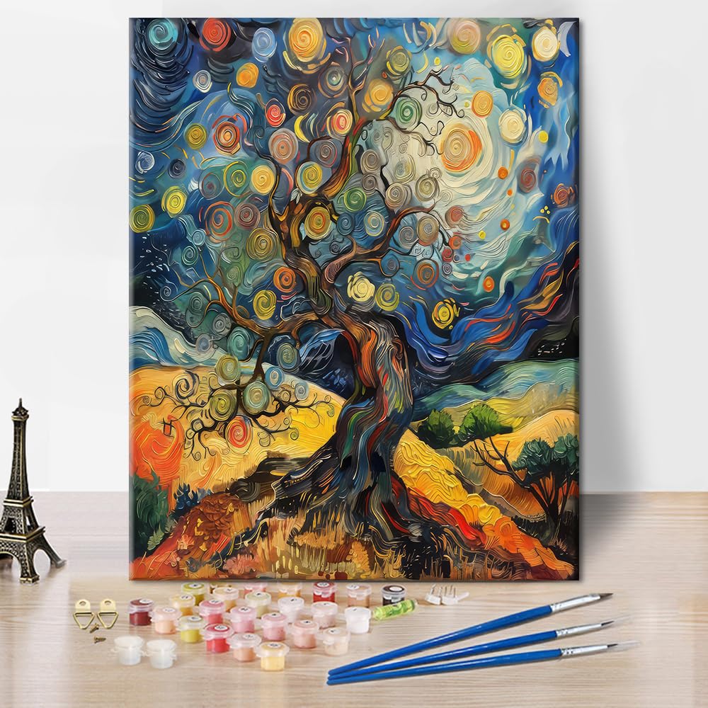 TISHIRON Abstract Painting by Number Landscape with a Big Tree Paint by Numbers Kit for Adults with Brushes and Pigment, Art Crafts DIY Oil Painting for Home Wall Decoration, 16x20 Inch