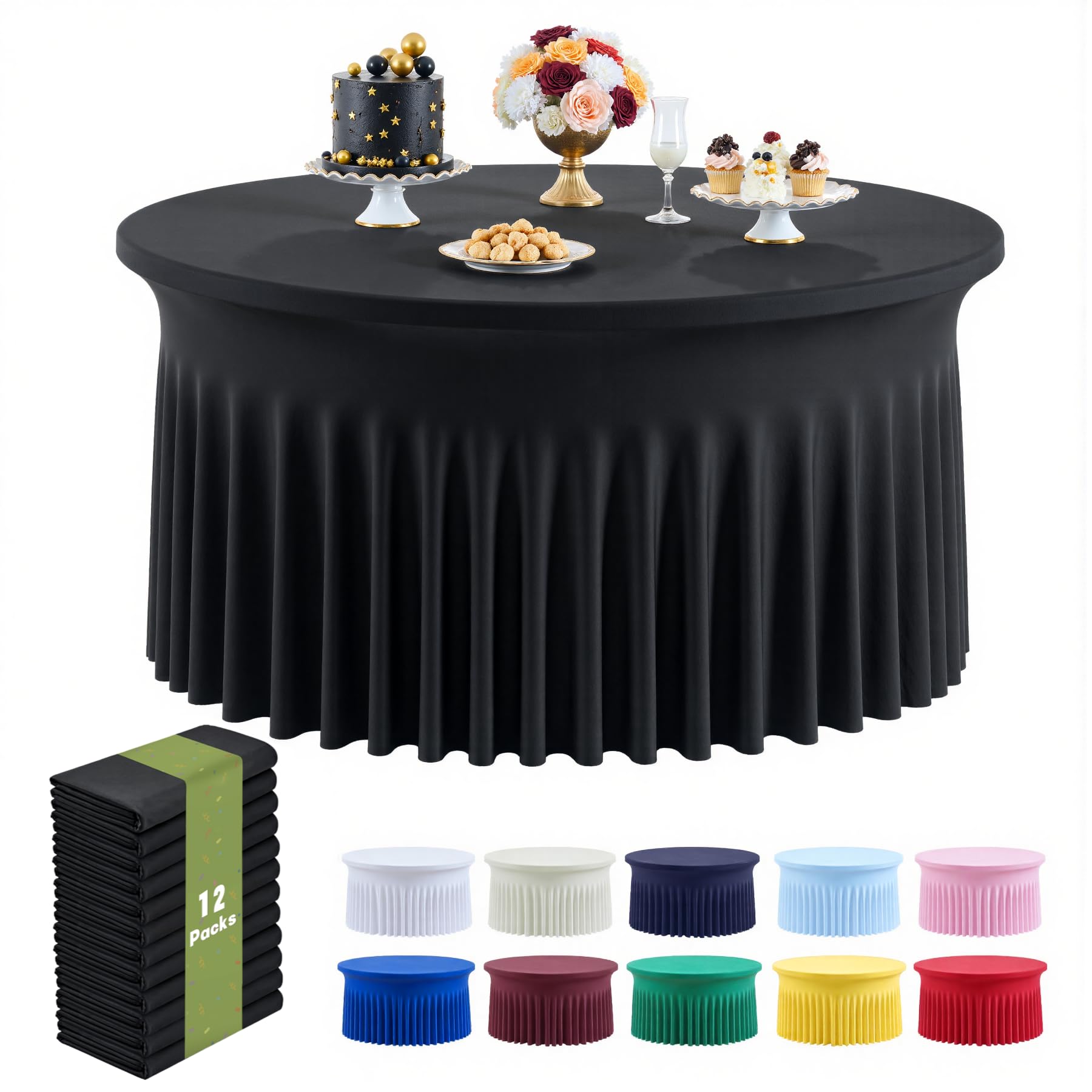 Photo 1 of Outpain 12 Pack Spandex Black Round Tablecloths for 60 Inch/5FT Tables - Stretchy Table Cloth with Skirt, Wrinkle-Free Fitted Cloth for Wedding Vendor, Banquet & Graduation Decor (120" Round)