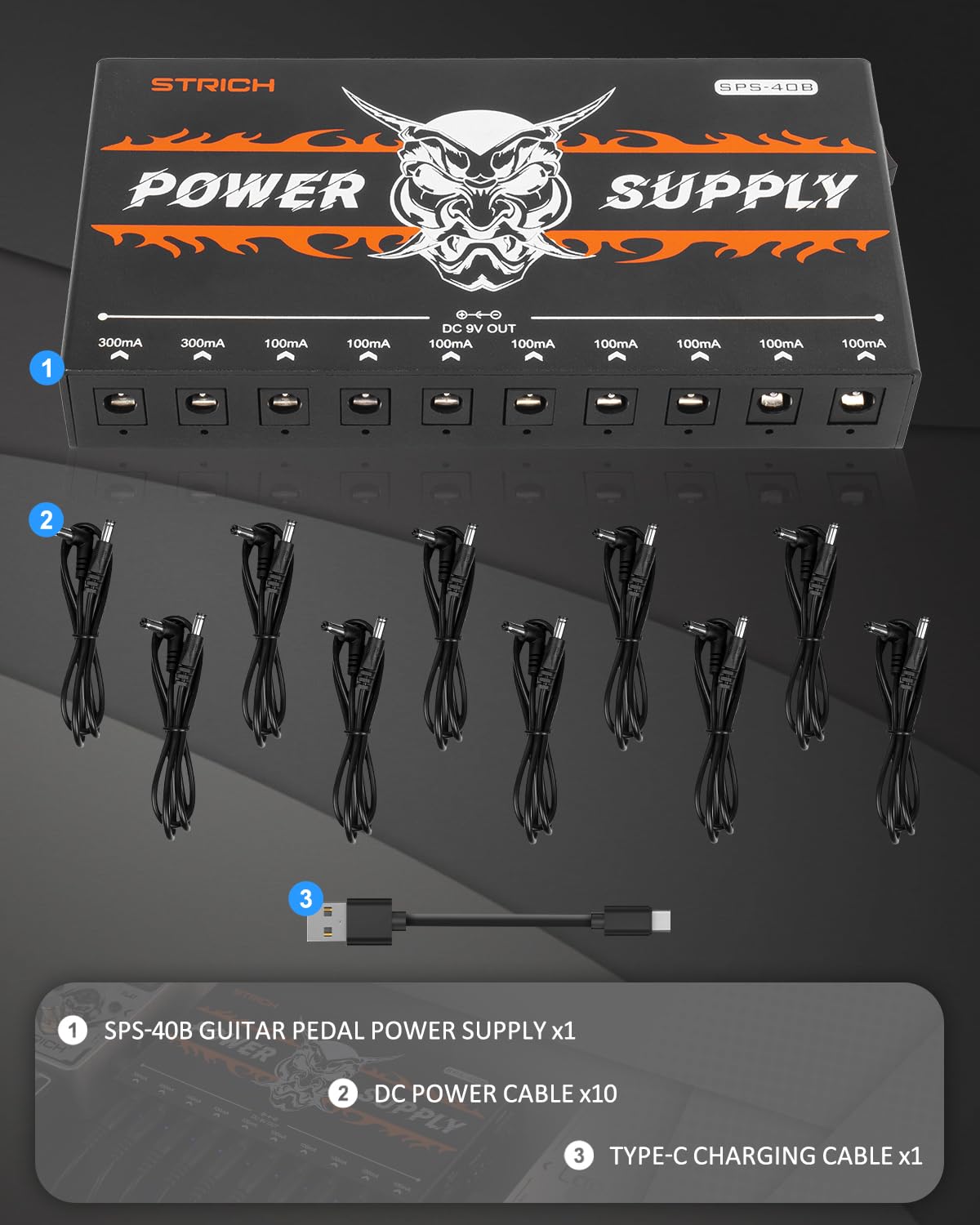 STRICH SPS-40B Wiederaufladbarer Akku Gitarre Effektpedal Netzteil mit eingebautem 10000mAh 10 Ausgängen DC 9V (2x300mA, 8x100mA) Buchsen für Gitarre Bass Pedale, 5V/1A USB Port für Telefon 7