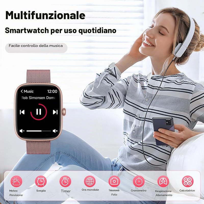Smartwatch Donna, 1.83'' Orologio Smartwatch con Effettua/Risposta Chiamate, 120+ Sportive Smart Watch con Contapassi/Sonno, Fitness Tracker per iOS Android - Oro rosa — foto 8 di 8