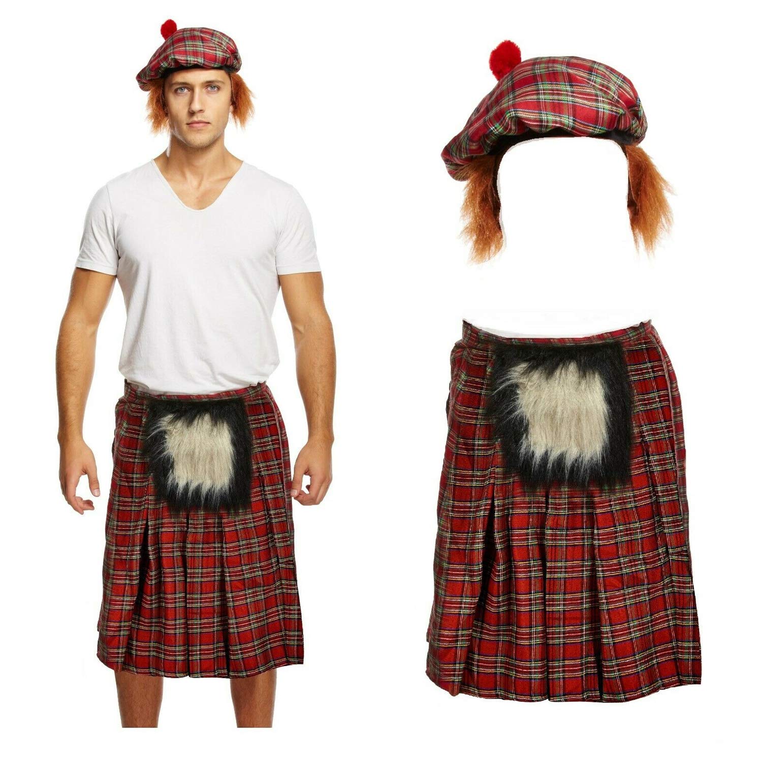 Lizzy | Scottish Costume Set | Adult Size, Tartan Kilt, Matching Hat | Includes Sporran, Unisex Design, Easy Wear | For Burns Night, Fancy Dress Party