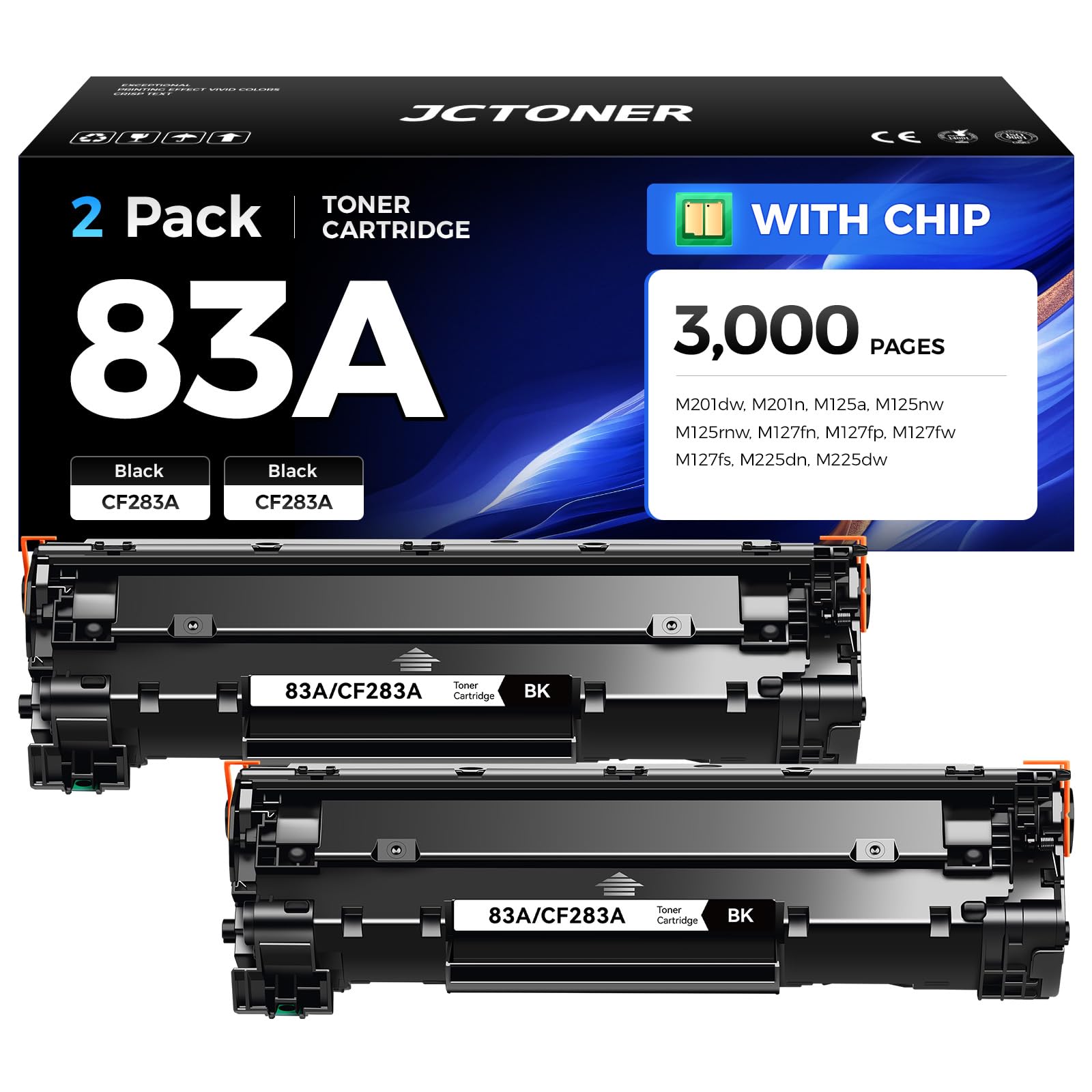 Photo 1 of 83A Black Toner Cartridge 2-Pack High Yield Replacement for HP 83A CF283A Compatible with LaserJet Pro MFP M125a M125nw M125rnw M127fn M127fp M127fw M127fs M201dw M201n M225dn M225dw Printer Ink Copy