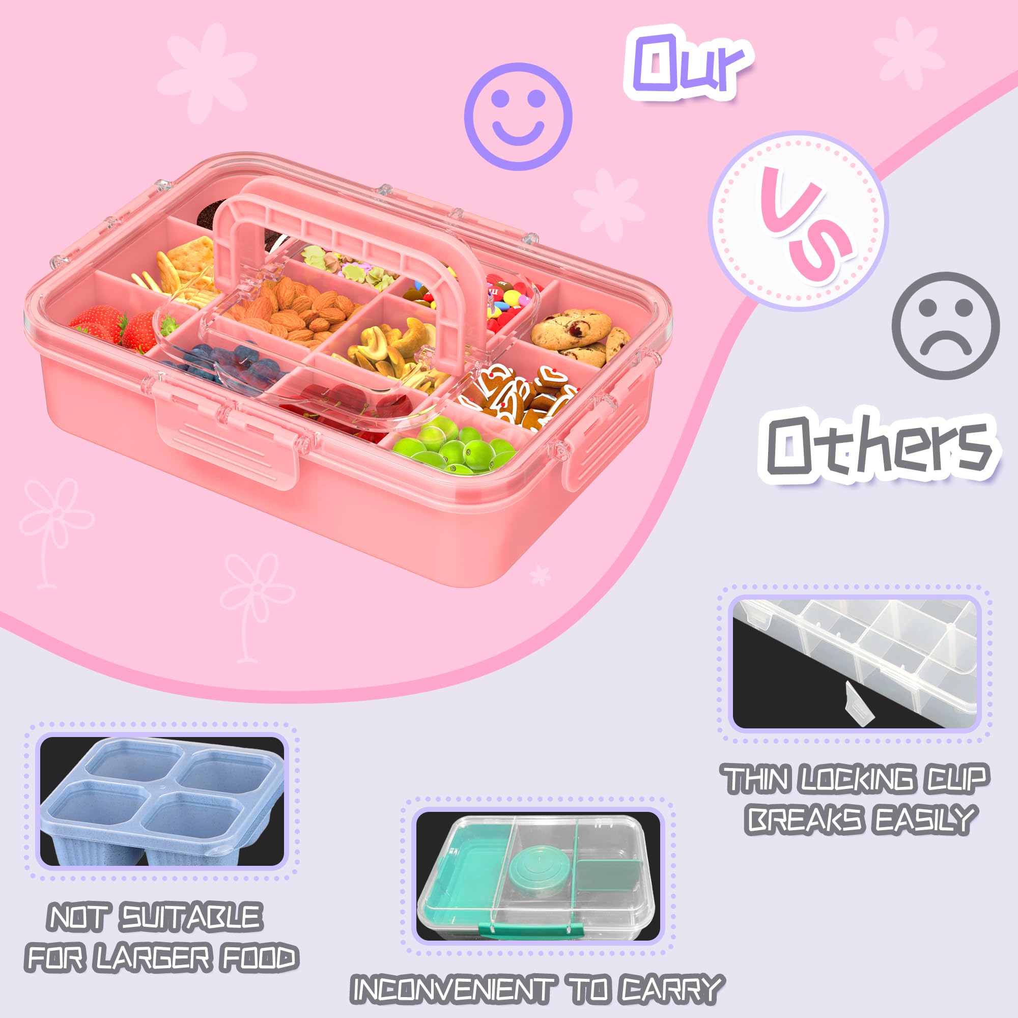 Xyptorix Snack Box Container for Kids - Adjustable 12-Compartment Snack Containers, Reusable Bento Box, Dishwasher Safe, BPA-Free, Perfect for School, Travel, Camping & Picnic, Pink