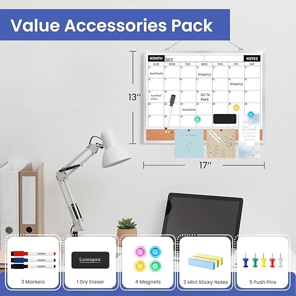 LUMSPAX MONTHLY CALENDAR DRY ERASE BOARD FOR WALL, 17″X13″ DOUBLE-SIDED MAGNETIC CALENDAR WHITE BOARD WITH CORK, SILVER ALUMINUM ALLOY FRAME HANGING SMALL WHITEBOARD FOR OFFICE, HOME, SCHOOL