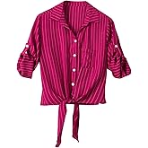 Dauocie Women's Front Tie Tops Casual 3/4 Roll Up Sleeve Button Up Shirts with Pocket