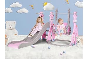 COZIBB 4 in 1 Toddler Slide and Swing Set, Kid Slide for Age 18-36 Months Indoor Outdoor Baby Slide Playset with Basketball Hoop, Ball, Climber and Swing, Toddler Slide Plastic Slide(Pink)