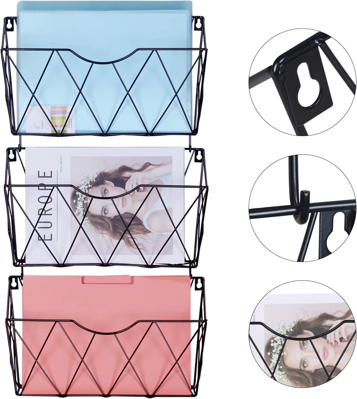 KEEGH Hanging Wall File Organizer 3 Pockets Wall Mount File Folder Mail Holder Metal Magazine Rack with Hooks (Black): Office Products
