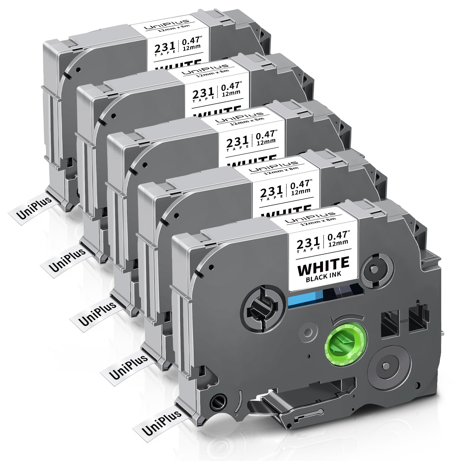 UniPlus Compatible TZe Label Tape Replacement for Brother Tze-231 TZ-231 TZe231 Tz231 12mm 0.47 Work with PT-1000 PT-H101C PT-H105 PT-H100R PT-H110 PT-D400 PT-H107B PT-1080, Black on White, 5-Pack — image 1