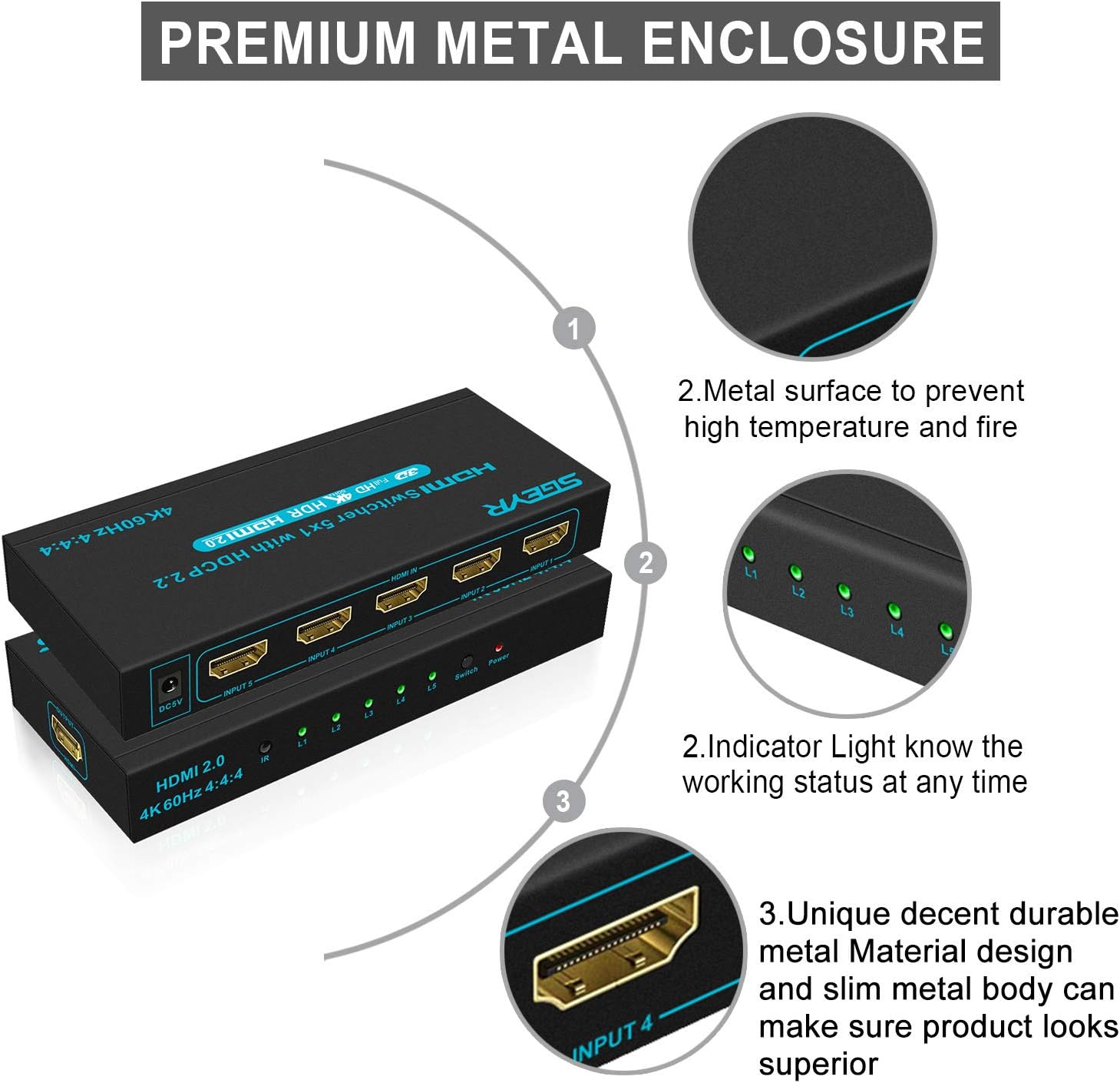 SGEYR 4K@60Hz 5x1 HDMI Switch HDMI Selector Switch 5 Port HDR IR Remote 4K HDMI Selector Box 5 in 1 Out Auto Switch HDMI Switcher 2.0 HDCP 2.2,Full HD/3D Compatible with //DVD///Projector: Home Audio & Theater