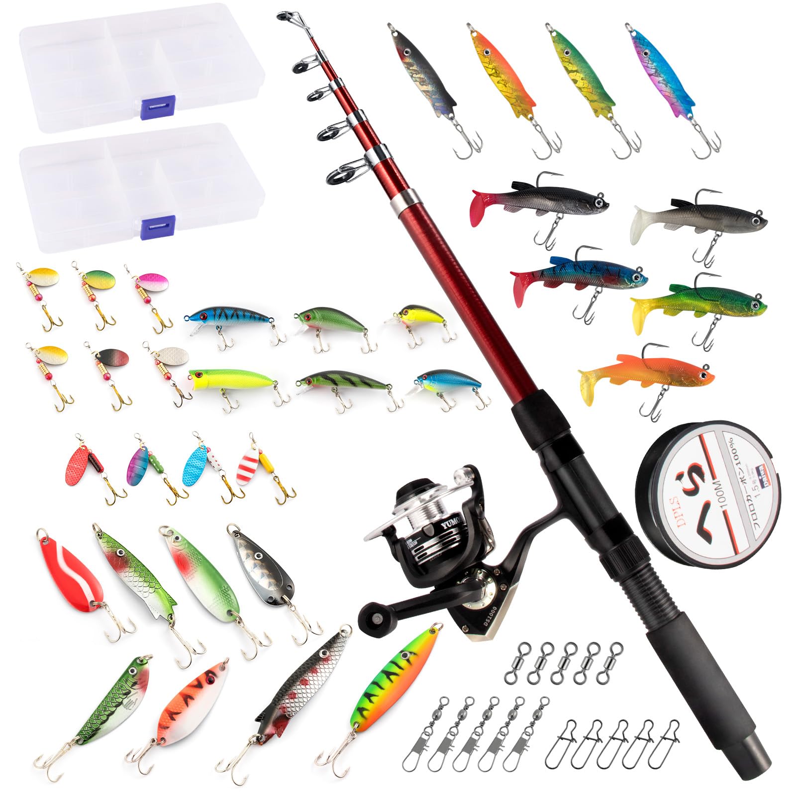 Alwonder Fishing Rod Reel Combo, Telescopic Rod with Spinning Reel 1000 for River Stream Pond Small Fish Freshwater Fishing Set with Line,Spinner, Spoons Kit & Accessories