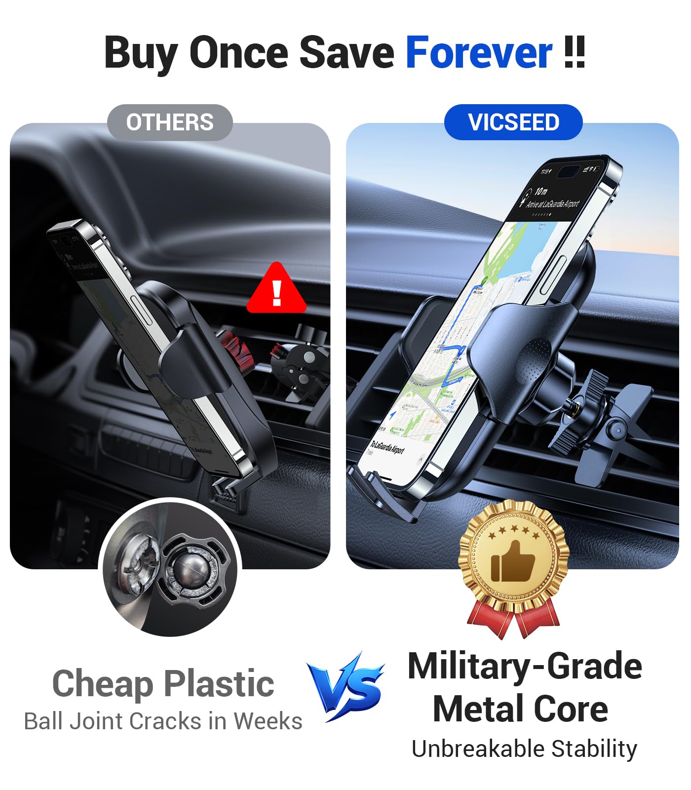 VICSEED True Military-Grade Phone Holders for Your Car [Upgraded 95+LBS Strongest Suction] Cell Phone Mount for Car Dashboard Windshield Vent Truck Boat Stand Adjustable for iPhone Android