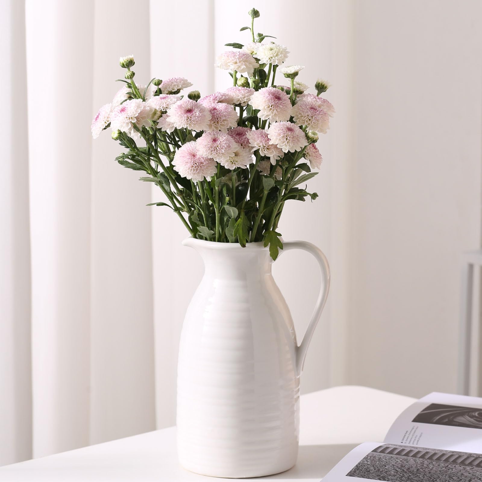 Photo 1 of hjn Farmhouse Pitcher Vase for Flowers- Ceramic Pitcher White Flower Vase for Your Kitchen/Home Decor/Office/Living Room/Bookshelf/Mantel/-White