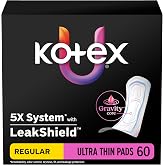 Kotex Ultra Thin Pads, Regular, 60 Count | Period Pad, Breathable Soft Touch Cover, Made Without Fragrance, Clean &amp; Dry Feel, LeakShield Protection, Gravity Core