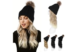 HOOJIH Hat Wig, Hat with Hair Attached Wavy Curly Black Knitted Beanie Wig with Faux Fur Pom 12 Inch Synthetic Hairpiece for Women - Ombre Deep Blonde and Light Blonde