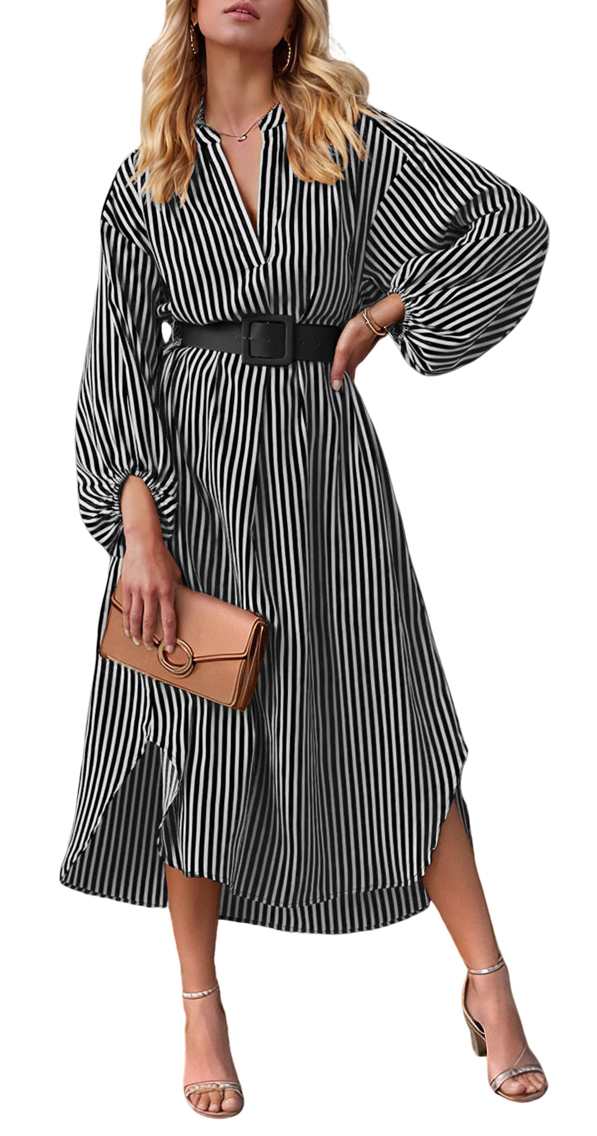 Photo 1 of ** MISSING BELT ** Shirt Dresses for Women 2025 Striped Fall Long Sleeve V Neck Midi Dress Loose Business Casual Shirtdress with Belt Black M