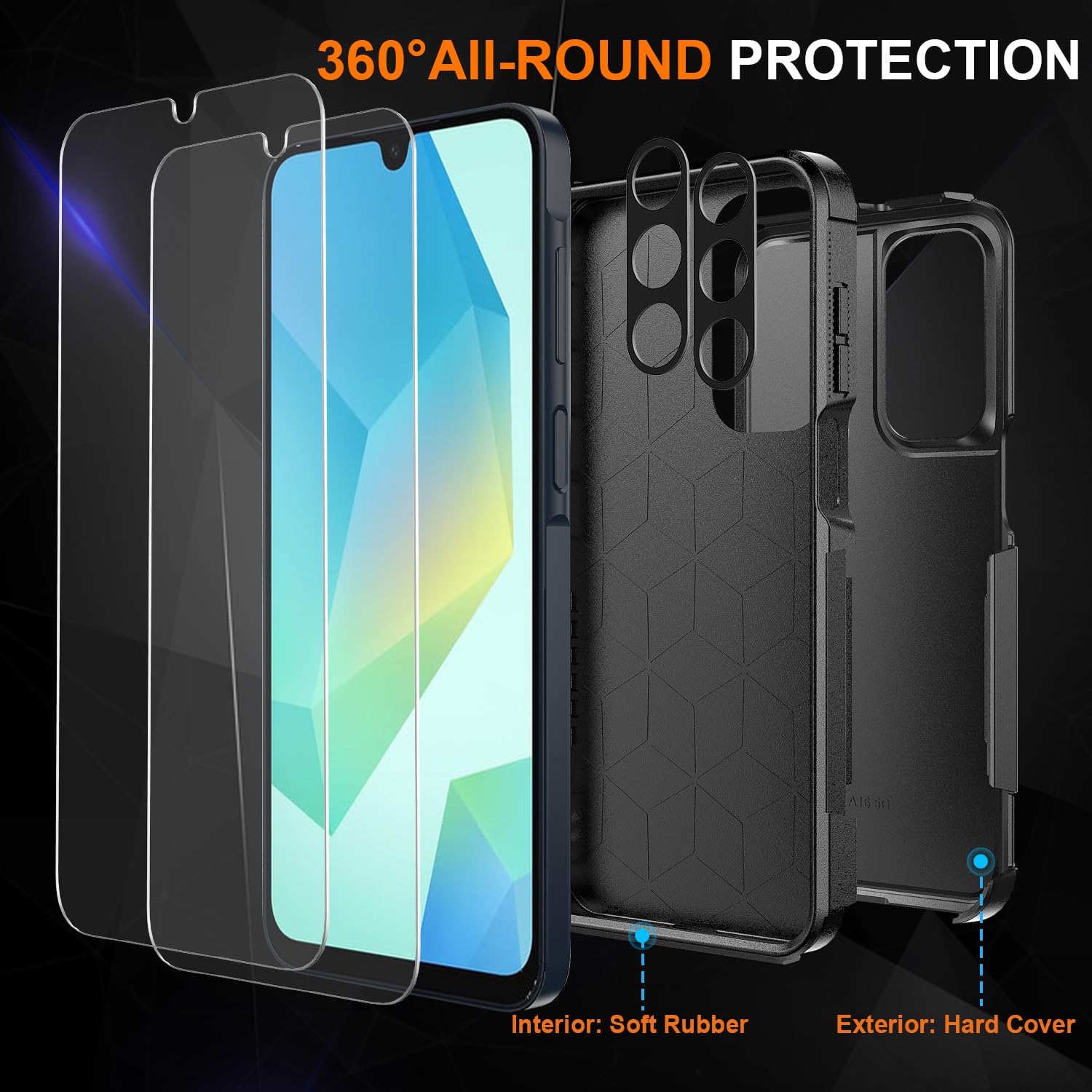 Ezanmull for Samsung Galaxy A16 5G Phone Case, [Military Grade Drop Protection] [Glass Screen Protector + Camera Lens Protector] Non-Slip Shockproof Case for Samsung Galaxy A16 5G (Black)