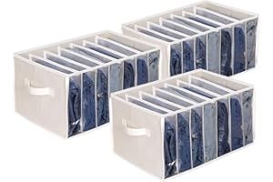 Zilink Upgraded Wardrobe Clothes Organizer with Support Board Clear Jean Organizers for Closet with 7 Grids Divider Extra Large Sweater Organizer for Closet for Jean Pant Sweaters T-Shirt,3 Pack,Beige