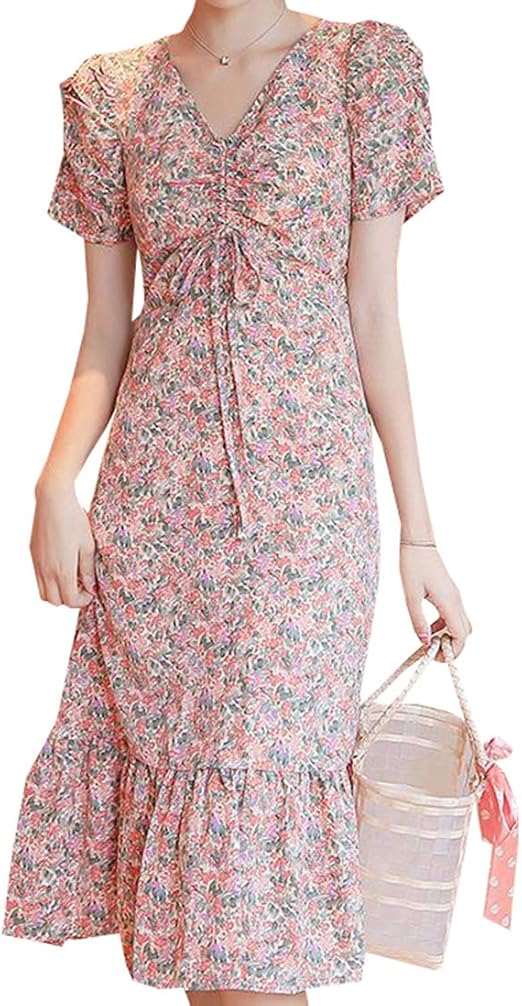 Amazon Yunhen シフォン ワンピース レディース フリル フェミニン ひざ丈 Vネック ワンピース スリム 着痩せ 夏 半袖 ワンピース ワンピース チュニック 通販