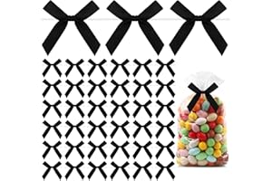 KQNBI Mini Black Bows for Gift Wrapping, 50 Pack Black Twist Tie Bow for Treat Bags, Halloween Christmas Small Satin Ribbon Bows for Crafts, Premade Tiny Bows DIY Cake Pop Bows Candy Cookie Gift Bag Bowknot