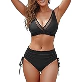 Blooming Jelly Womens Bikini Sets Push Up Two Piece Swimsuit Mesh Modest Bathing Suits Mid Rise Bottom