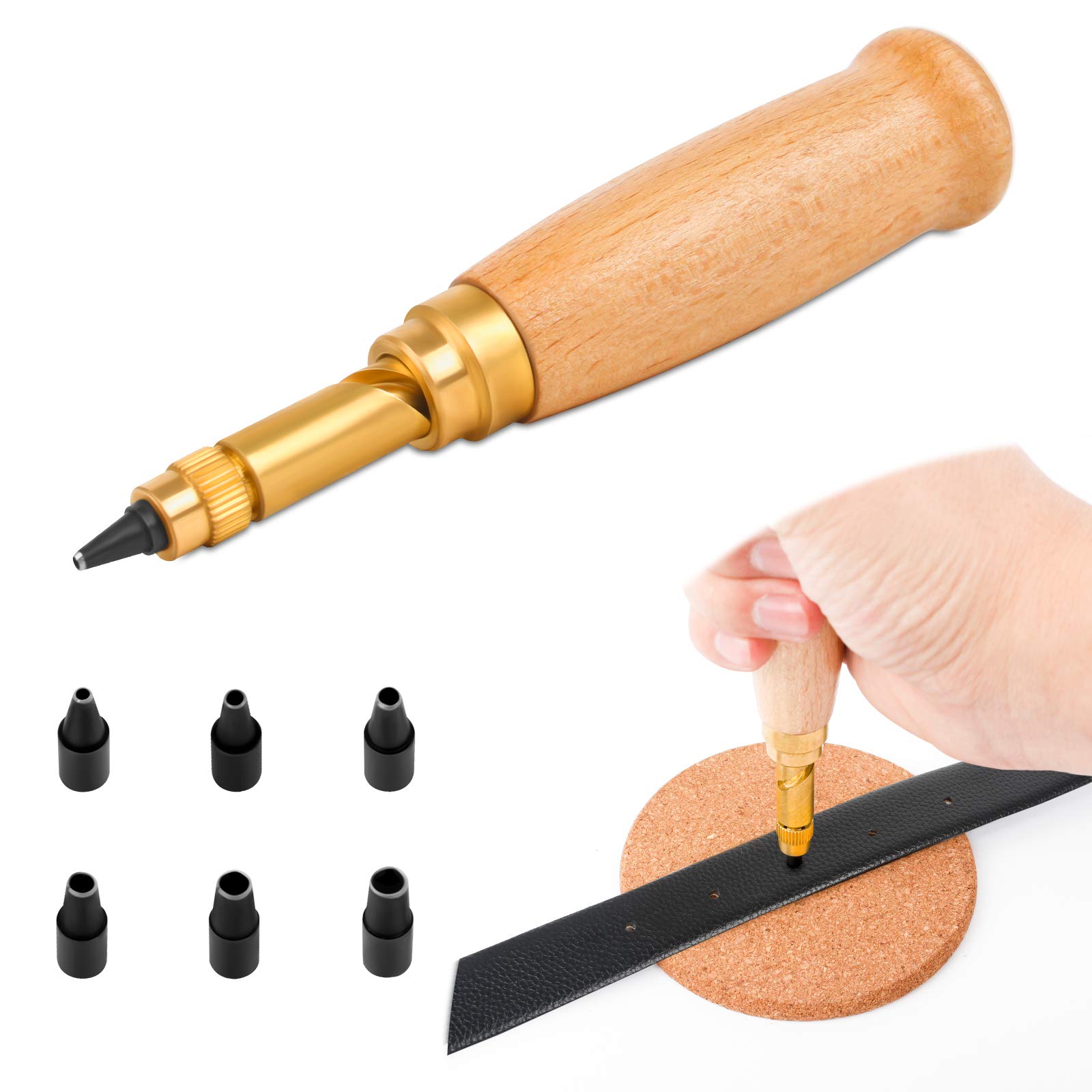 Japanese Screw Hole Punch, Adjustable Leather Screw Hole Punch Tool with Wood Handle, Precision Durable Hole Punch 6 Tips Sizes: 1.5mm, 2mm, 2.5mm, 3mm, 3.5mm, 4mm for Sewing Auto Leather Paper Bookbi